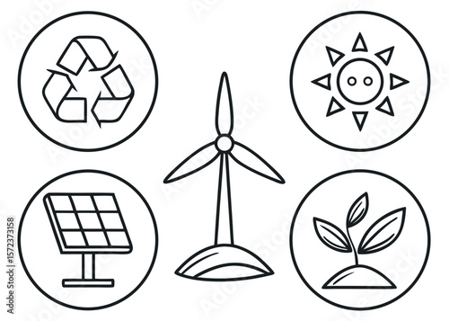 Black line art icons of recycling wind solar sun and plant in circles