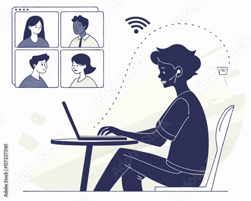 Modern remote work illustration depicting a video conference call communication online with laptop