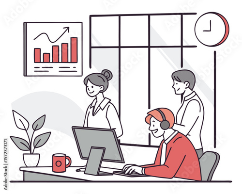 Office team collaboration with analytics and data visualization in modern workspace environment
