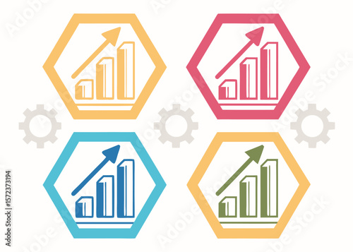 Colorful Charts with Upward Arrows and Gear Icons financial