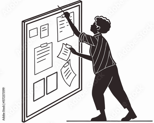 Person organizing documents on a bulletin board illustration in minimalist black and white style suitable for various projects