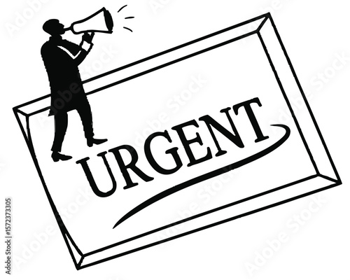 Silhouette announcing urgent message through megaphone on rectangular frame with transparency