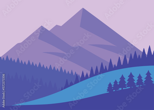Geometric Mountain Landscape with Trees in Purple and Blue