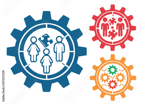 Gears with People and Puzzle Pieces in Blue Red and Orange
