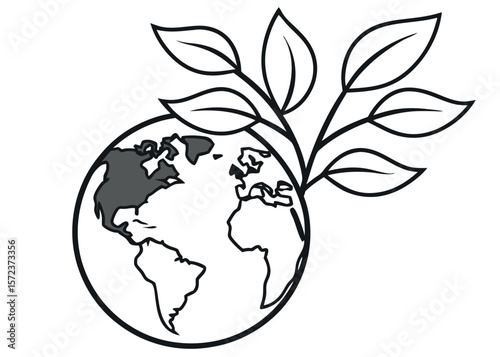 Globe with Leaves Illustration Black and White earth