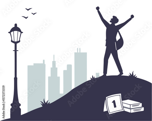 Silhouette of a man celebrating victory atop a hill overlooking a city landscape