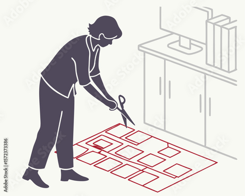 Silhouette of a person cutting a pattern design with scissors on a white background
