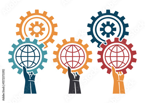 Hands Holding Gears and Globes Illustration earth