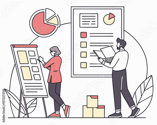 Team analyzing business reports and presentations with charts and graphs on a white background