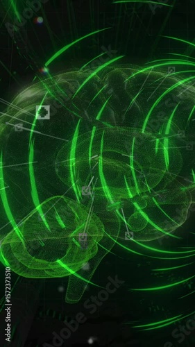 Animation of tunnel made of neon circles and brain on black background