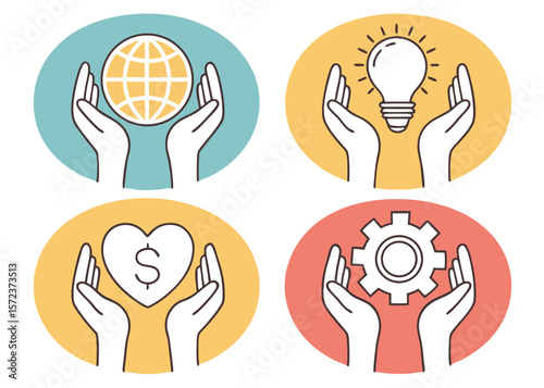 Icons of hands holding globe lightbulb heart gear vector