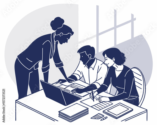 Team collaboration and business meeting depicted in an illustrative vector design style on a white background