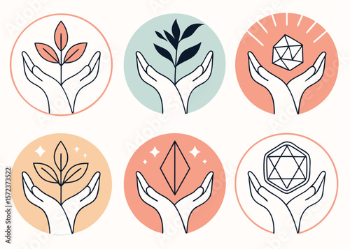 Icons of Hands Holding Plants and Geometric Shapes