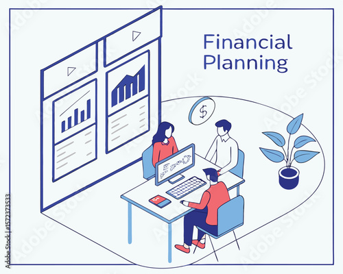Team collaborating on financial planning and analysis with charts and graphs illustrated in isometric style