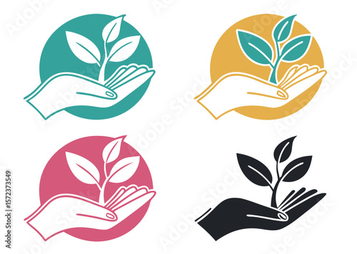 Icons of Hands Holding Seedling Plants in Circles sprout