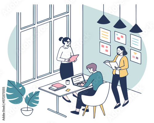 Team collaboration in a modern office space with people working together on various projects