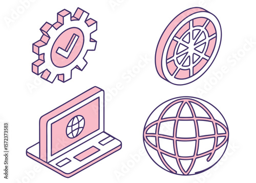 Isometric Global Network Icons in Pink and Purple internet