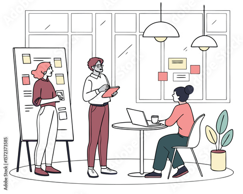 Team meeting and presentation in modern office setting with transparent and editable design elements