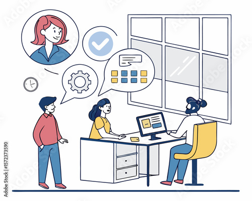 Team discussing project management with ideas and timelines while in an office setting illustration