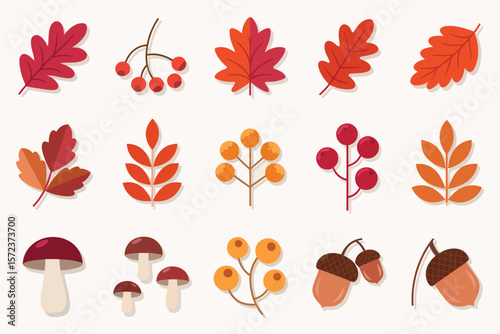 Vector Set of Autumn Trees and Bushes Featuring Oak, Aspen, Birch, Linden, Fir with Sun and Adorable Dog for Seasonal Design

