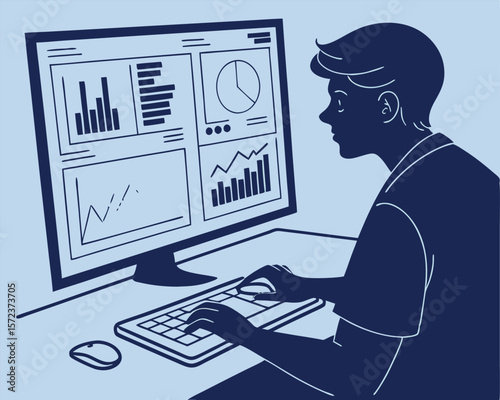 Vector illustration of a person analyzing data on a computer screen with statistical charts and graphs