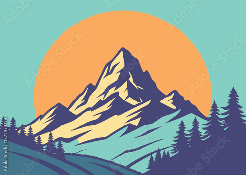 Mountain landscape illustration with sun and trees