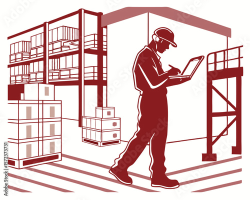 Warehouse worker performing inventory check in storage facility with boxes and shelving on a white background