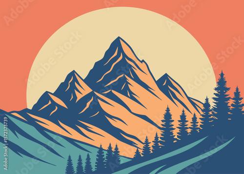 Mountain landscape illustration with sun and trees in retro color palette
