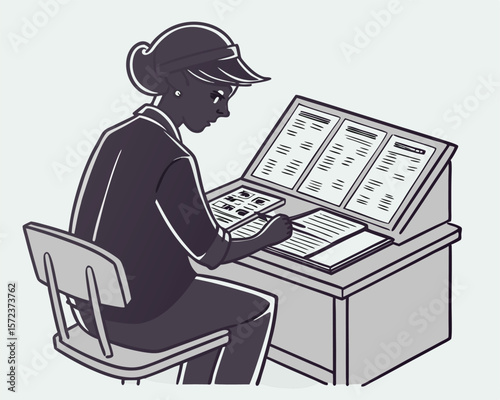 A professional woman working at a desk analyzing documents in a detailed illustration