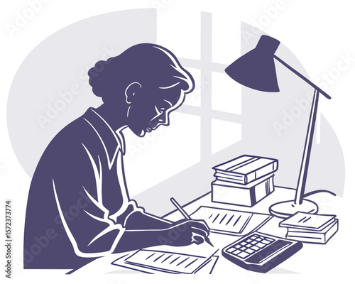 A silhouette of a person working at a desk studying with a lamp and calculator illustration