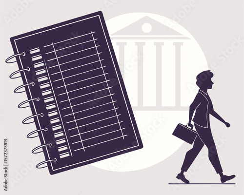 Business professional with briefcase walking towards a court house next to a spiral notebook