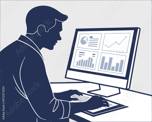 Business professional analyzing financial data on a computer with clean modern vector illustration