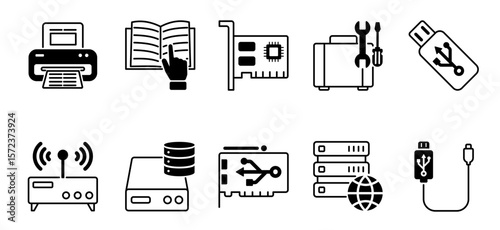 Computer Parts icons as printer, instruction, network card Pro Vector