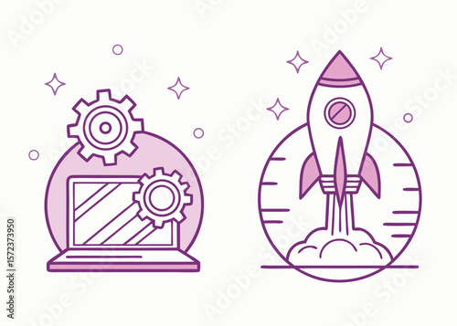 Purple Icons: Laptop with Gears and Rocket Launching