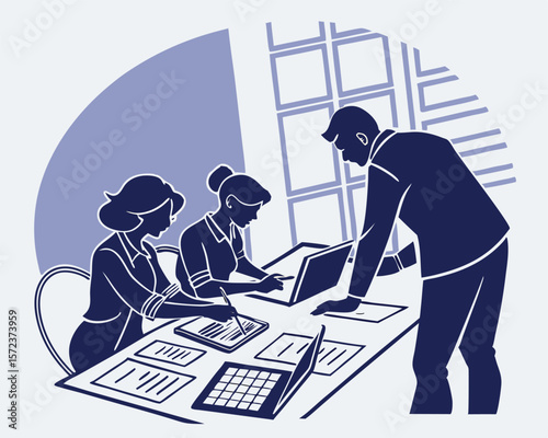 Business team collaboration with leader reviewing work at a desk in vector illustration