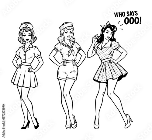retro pinup girls comic style vector set