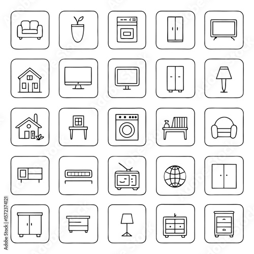 Collection of outline icons depicting furniture, appliances, and household items in a grid format layout