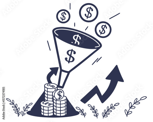 Financial growth concept illustrated with funnel and dollar symbols on transparency