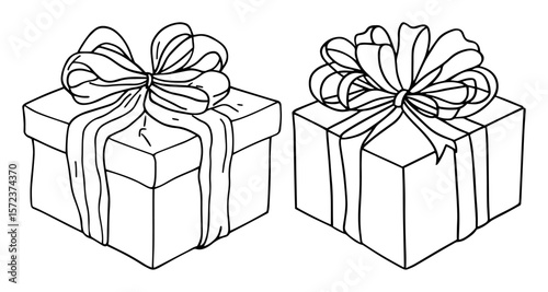 two gift boxes with bows line art drawing