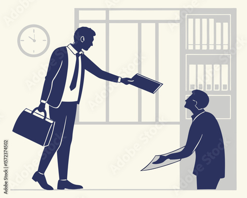 Professional office environment depicted in a minimalist illustration showing document exchange between two individuals