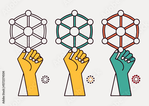 Three hands holding interconnected circle icons in different colors