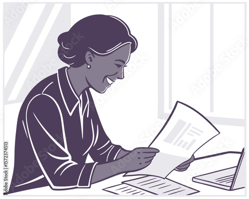 Professional african american woman reviews financial documents with happiness in office setting