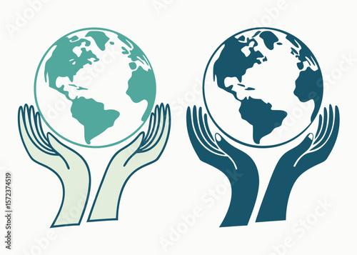 Two illustrations of hands cradling Earth globes world