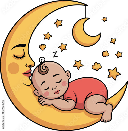 A baby peacefully sleeping on the crescent moon amidst stars transparent isolated png vector