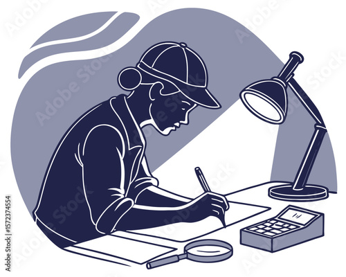 Silhouette illustration of a person writing at a desk with a lamp and calculator