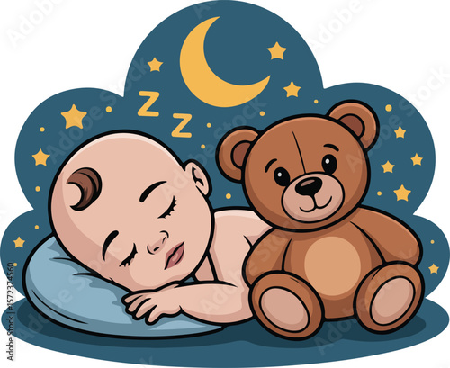A baby is sleeping peacefully next to a teddy bear transparent isolated png vector