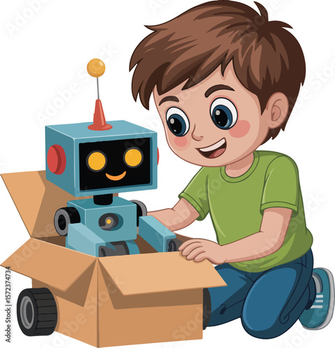 A boy cheerfully playing with a robot transparent isolated png vector