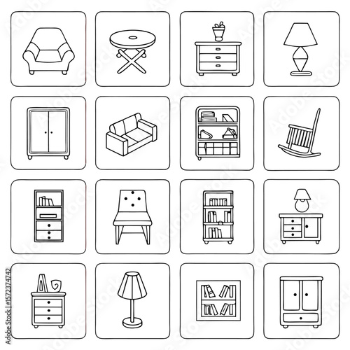 Illustration of various furniture items including chairs tables cabinets and bookshelves in outline style