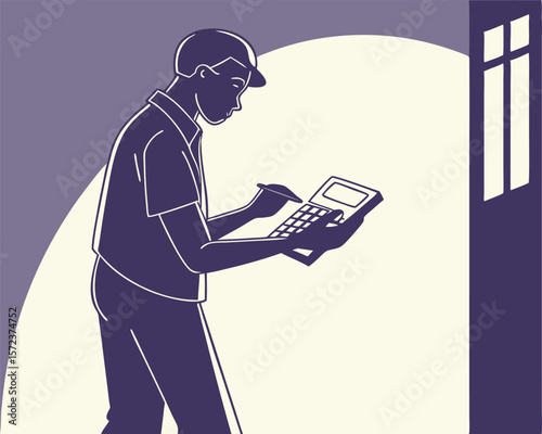 Technician analyzing data calculating using calculator construction site illustration on white background