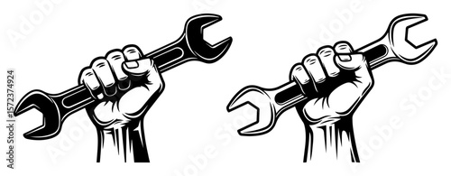 hand holding wrench vintage mechanic logo vector